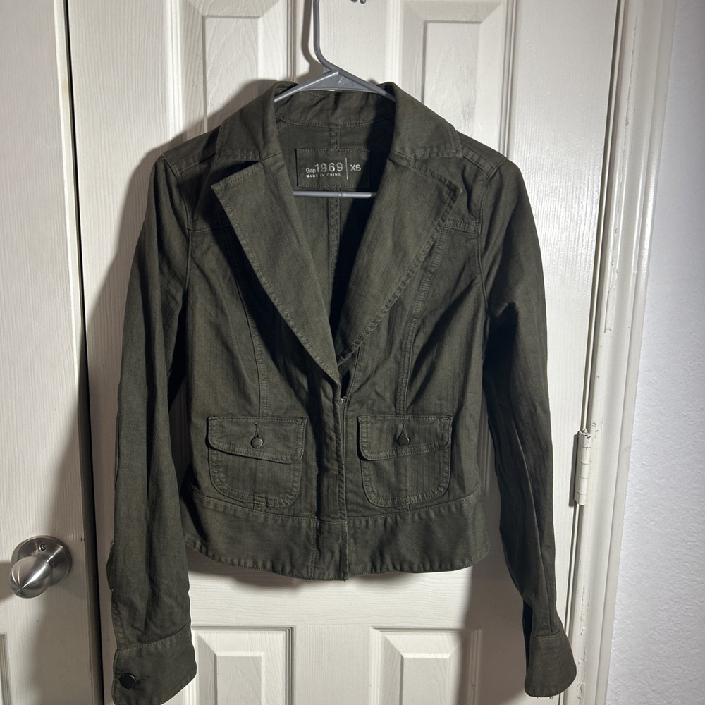 Gap 1969 Crop Utility Jacket V Neck Zip Olive Green Twill XS